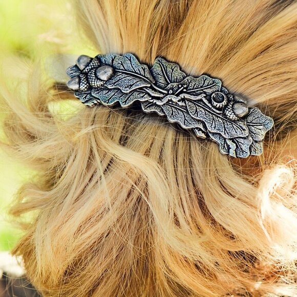 Oak Leaf Hair Clip Silver Hand Cast Metal Elegant Barrette Adult Gift
